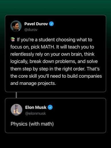 Pavel Durov and Elon Musk posts on math and physics, 11 Jul 2025.