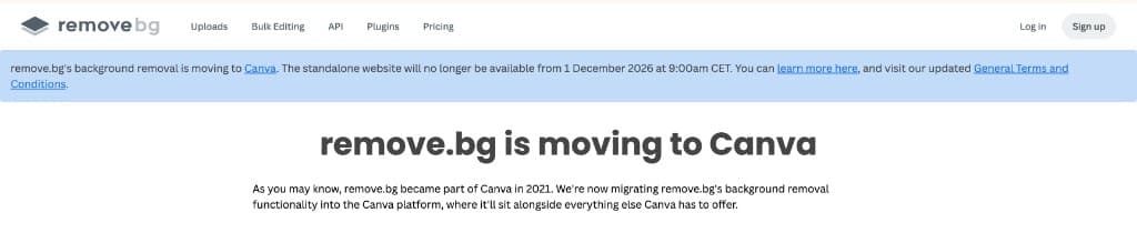 Screenshot of remove.bg announcing migration to Canva and standalone site shutdown on 1 December 2026